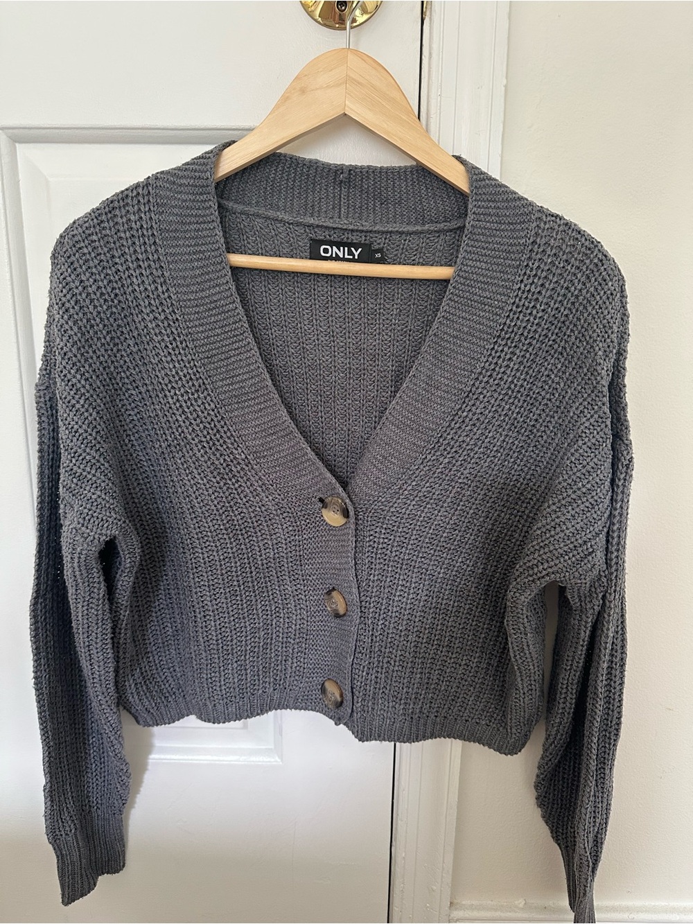 ONLY Charcoal Gray Cropped Button-Front Knit Cardigan